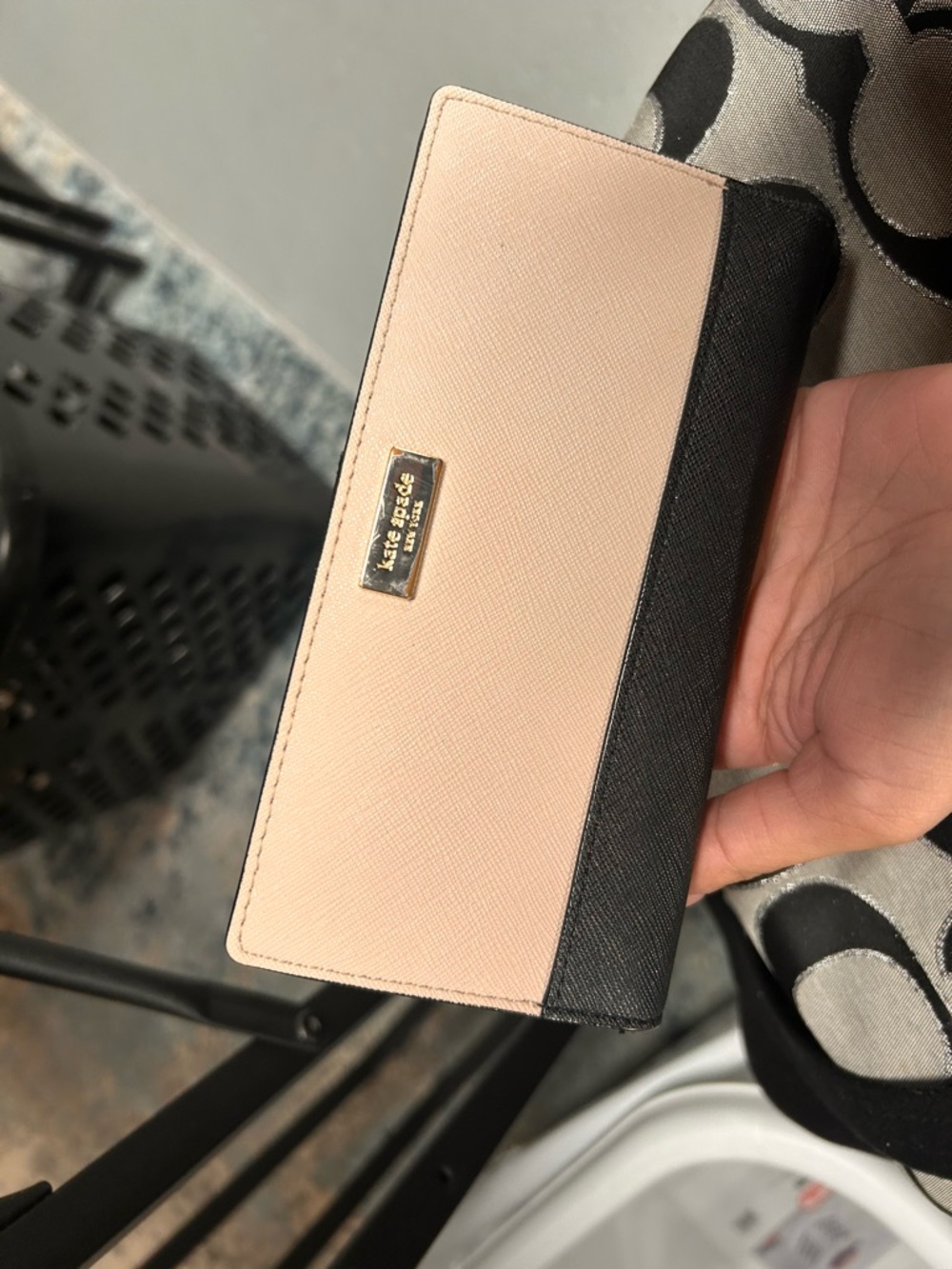 kate spade blush pink and black long wallet with gold logo